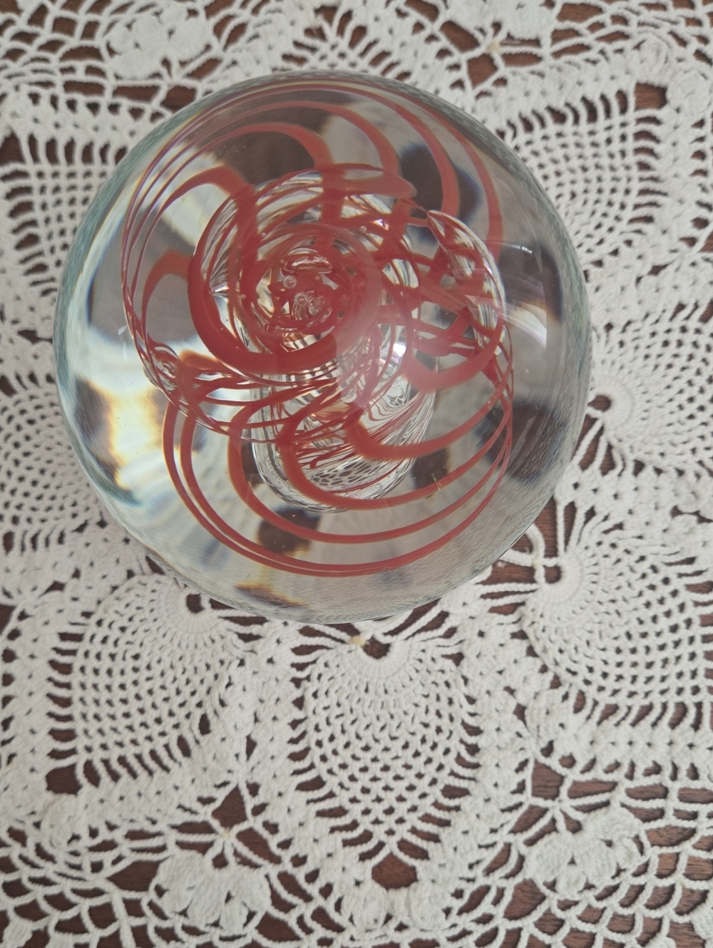 iris Clear Bohemia Glass Paperweight with Red Spiral Accent